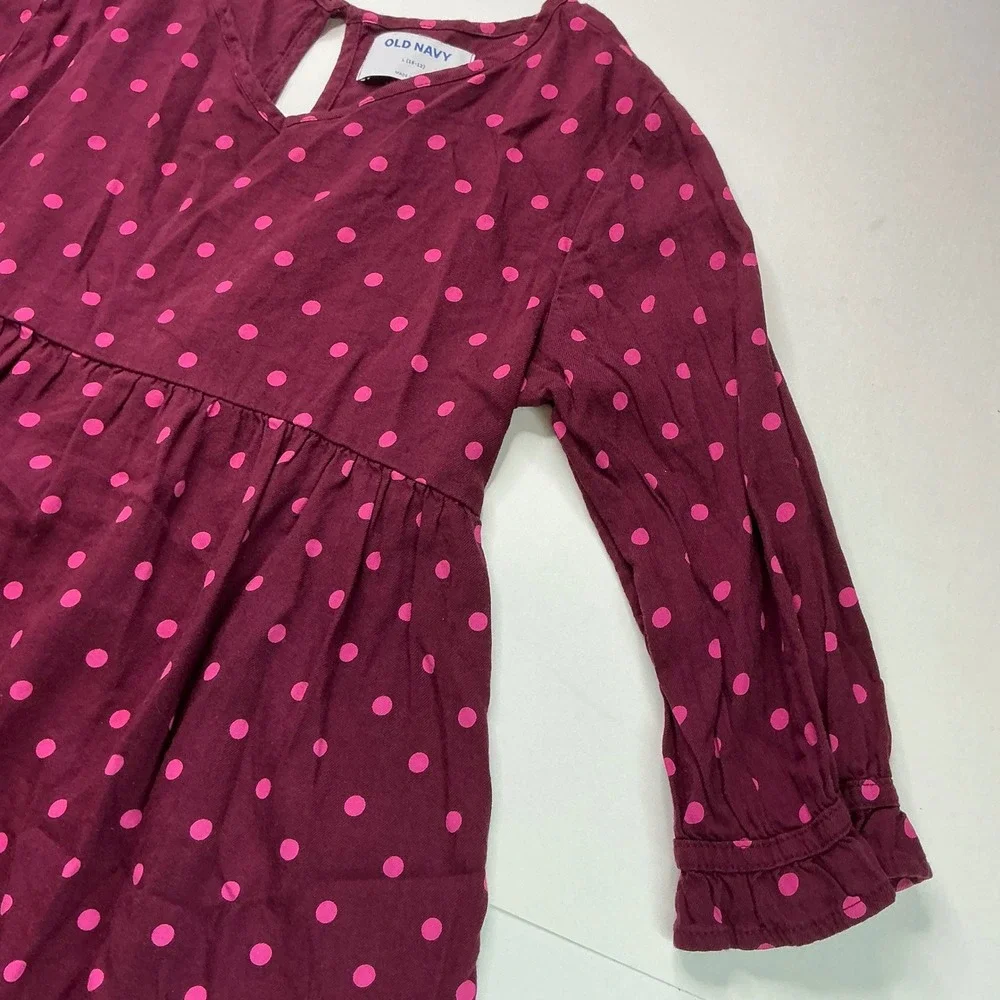 Old Navy Wine Pink Polka Dot Dress Girls Size L 10-12 Empire Waist Ruffle Cuff